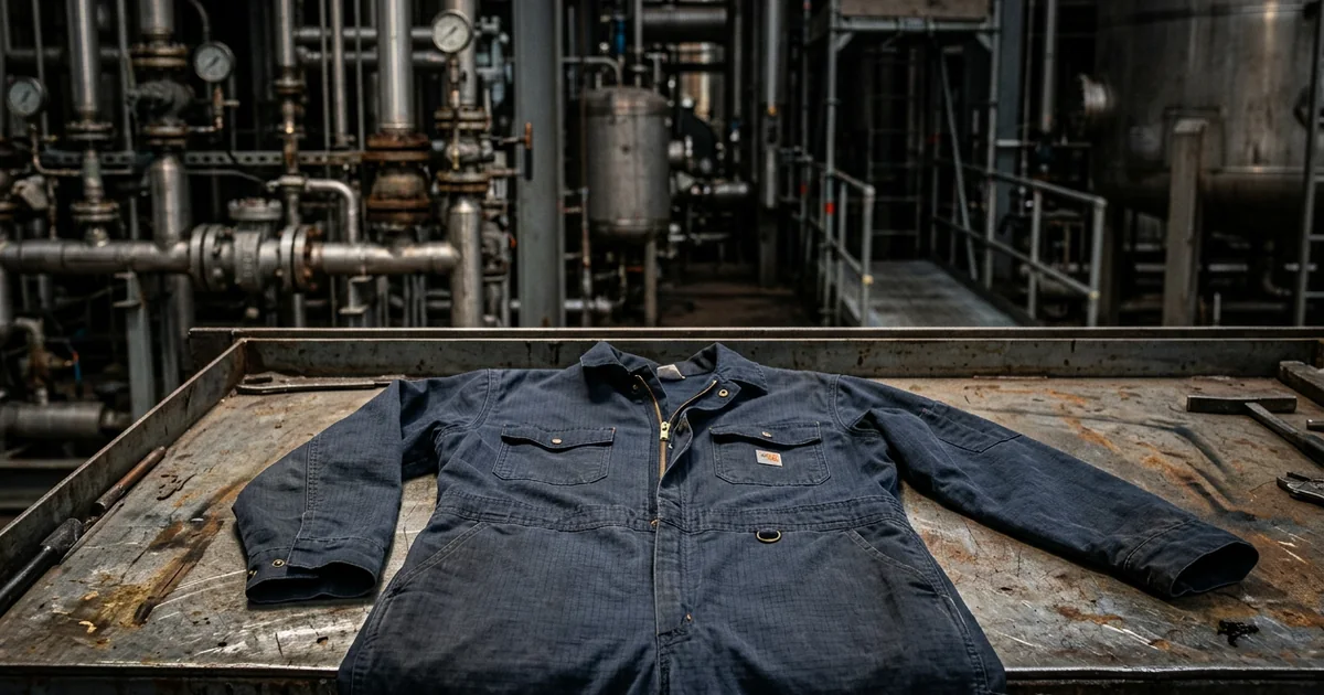 Anti-static flame-resistant coverall on a steel workbench at an oil-and-gas facility