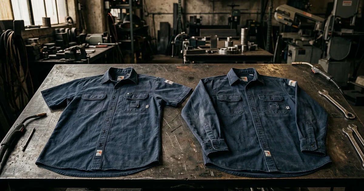 Short-sleeve and long-sleeve flame-resistant work shirts side by side on a steel workbench