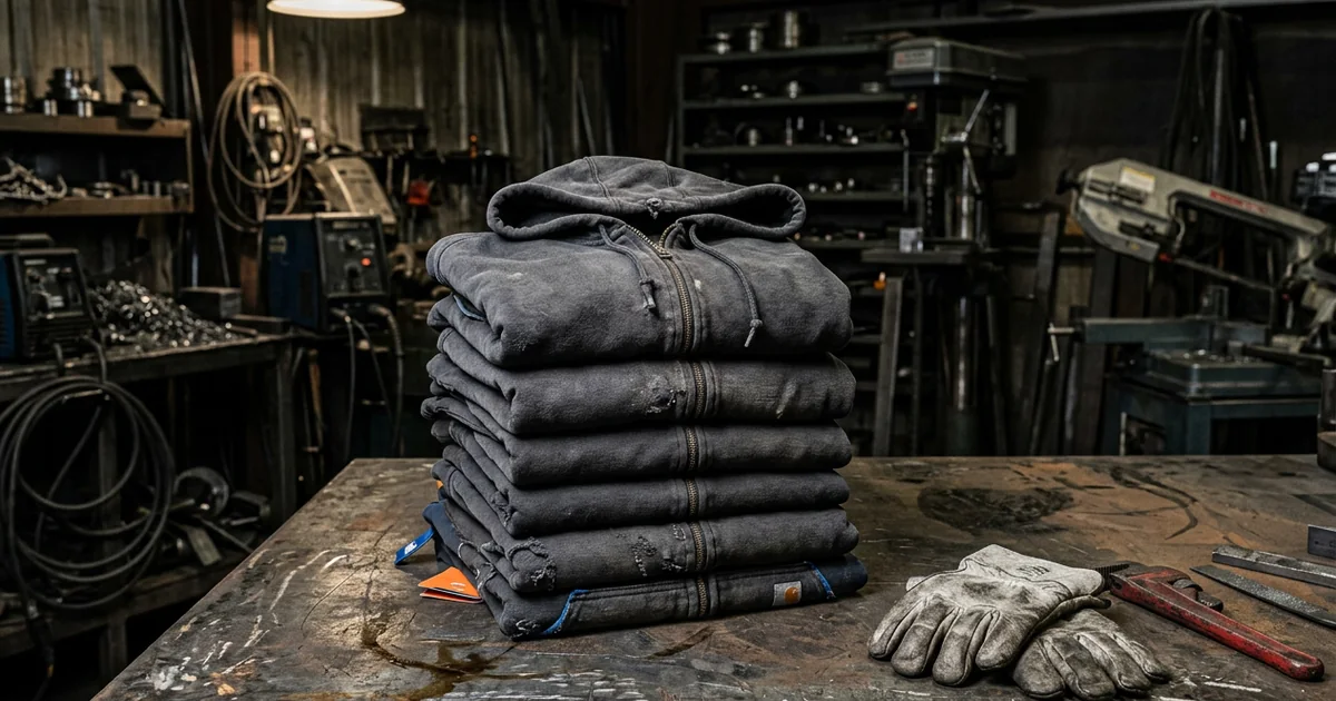 Flame-resistant hooded work sweatshirts folded on a steel workbench