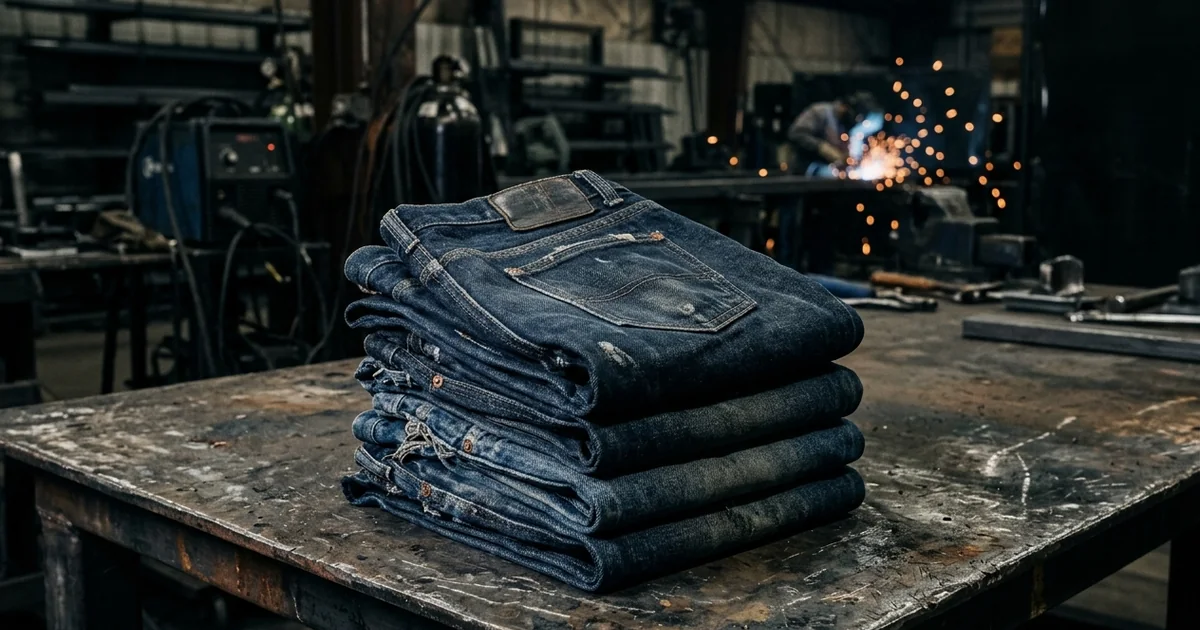Stack of flame-resistant denim work jeans on a steel workbench