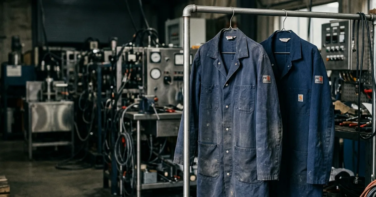 Flame-resistant lab coats hanging in an industrial laboratory