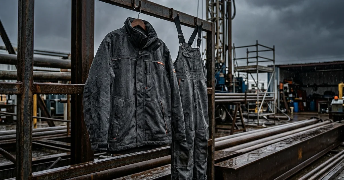 Flame-resistant waterproof rain jacket and bibs on a wet industrial worksite