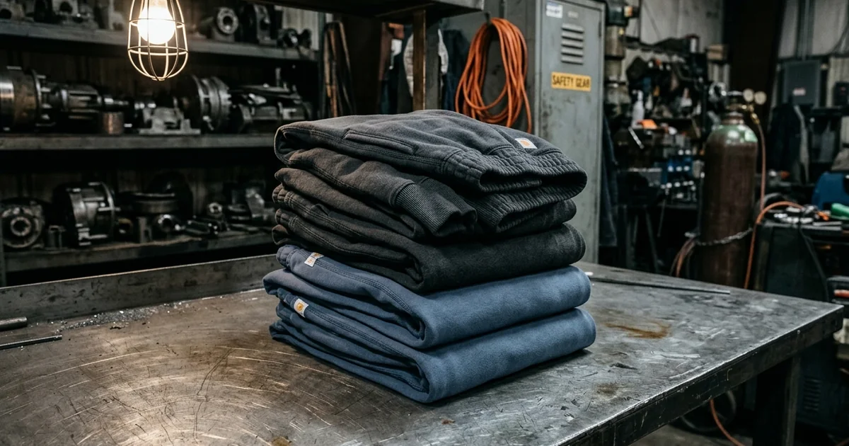 Flame-resistant fleece sweatpants folded on a steel workbench in a cold industrial shop