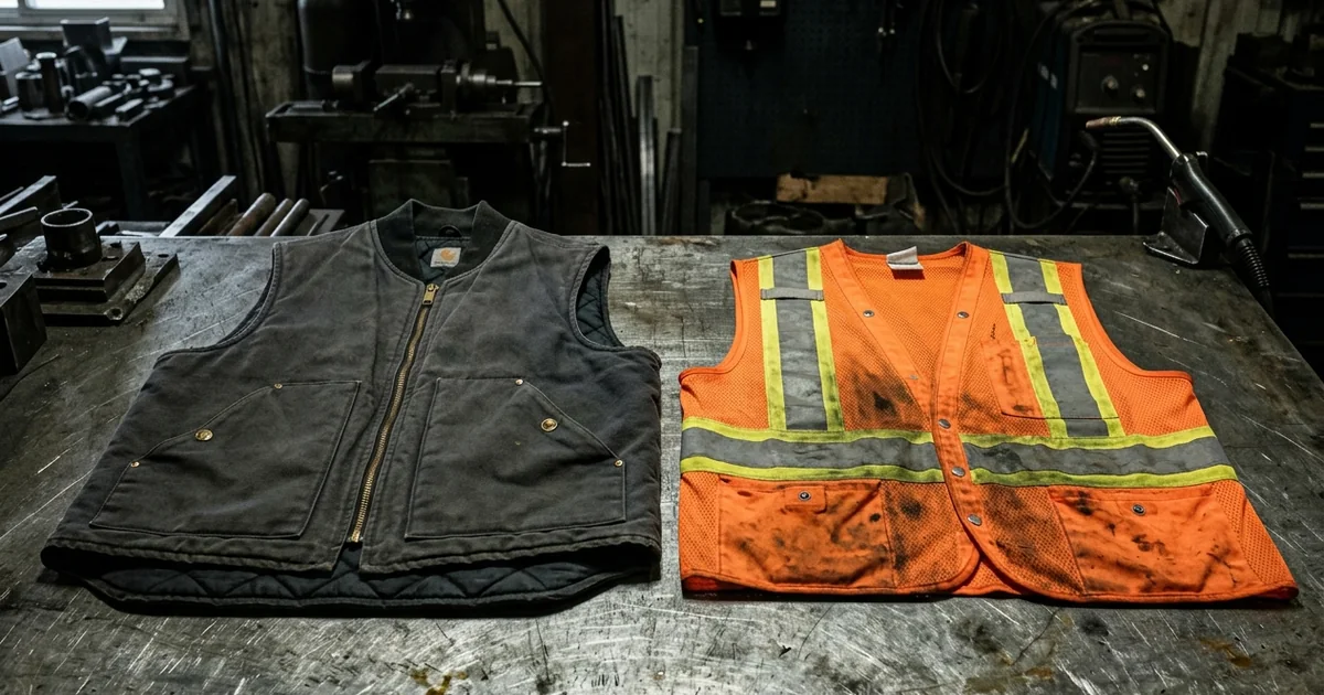 Flame-resistant insulated and hi-vis work vests laid on a steel workbench