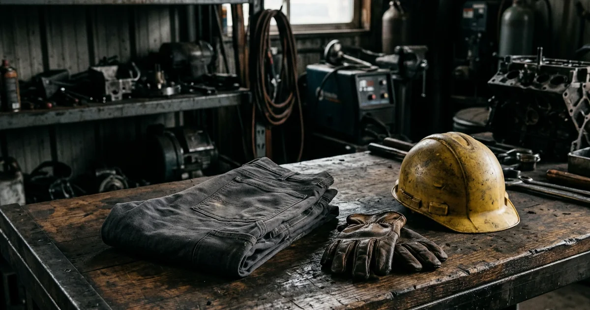 Rugged flame-resistant work pants folded beside work gloves and a hard hat