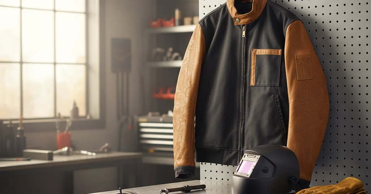 A women's-cut flame-resistant welding jacket with leather sleeves, with welding sparks glowing in the background of a fabrication shop