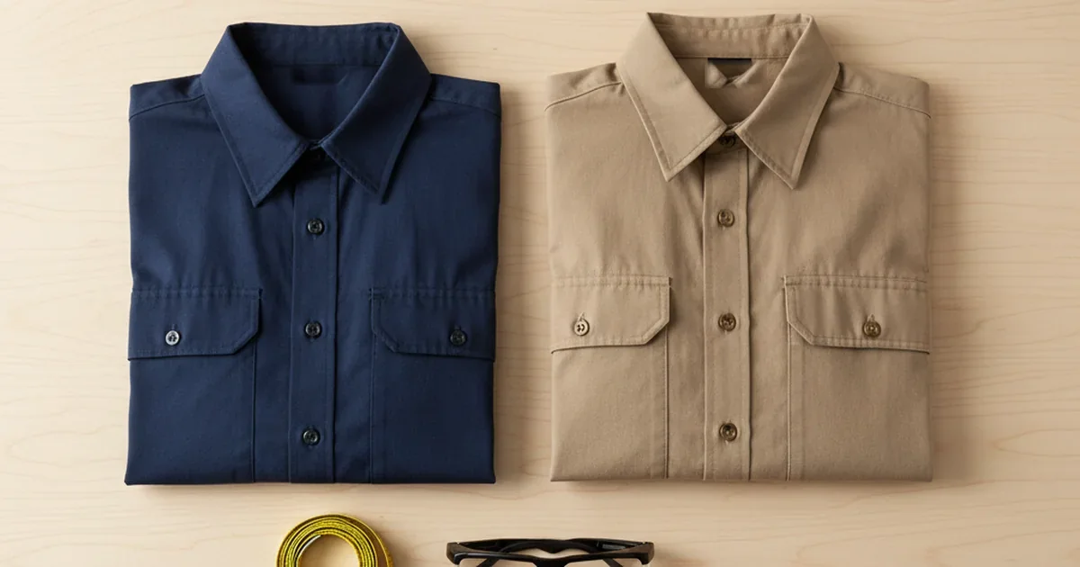 A navy women's-cut flame-resistant work shirt laid on a workshop bench beside a tape measure and safety glasses