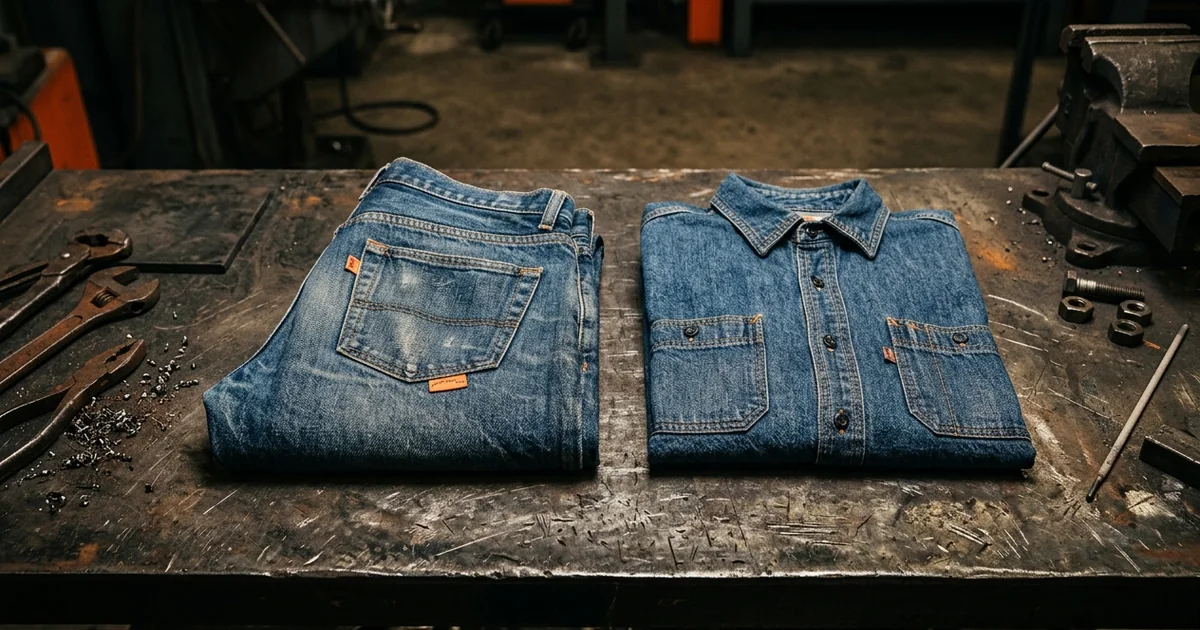 Flame-resistant blue jeans folded on a workbench beside a denim work shirt