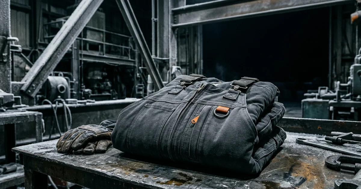 Flame-resistant insulated bib overalls folded on a workbench at a cold-weather worksite