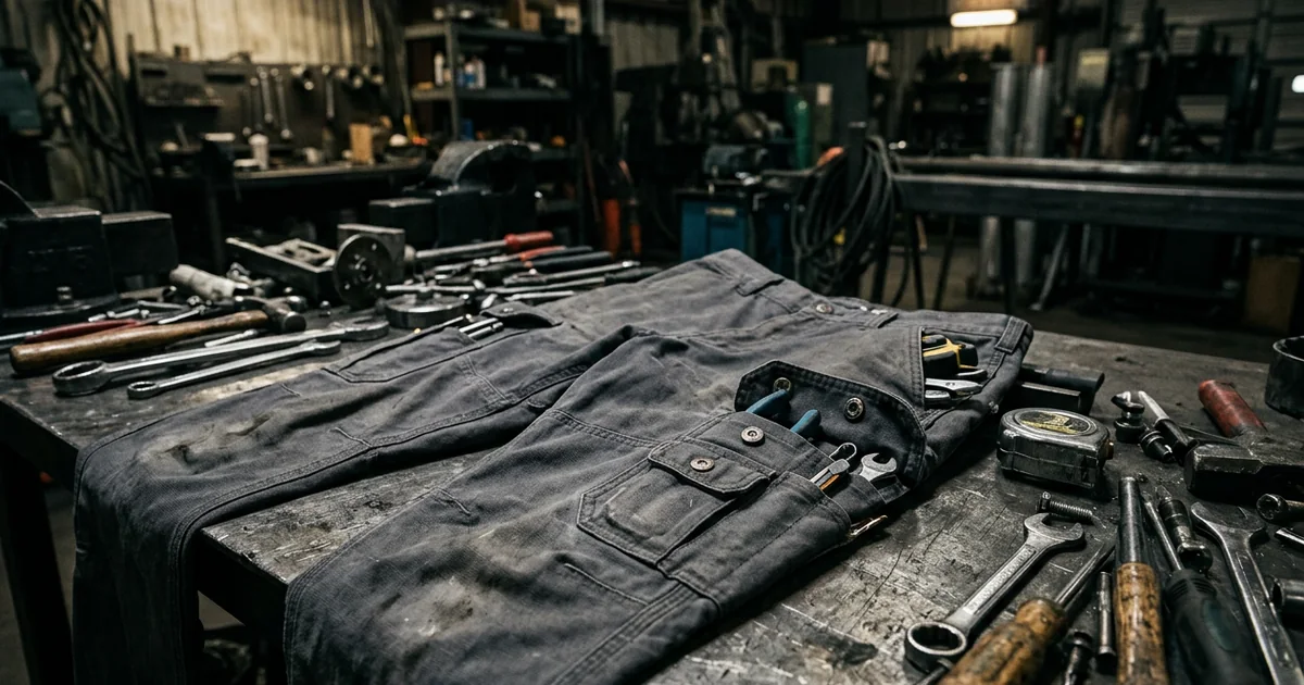 Flame-resistant cargo work pants with utility pockets laid on a steel workbench