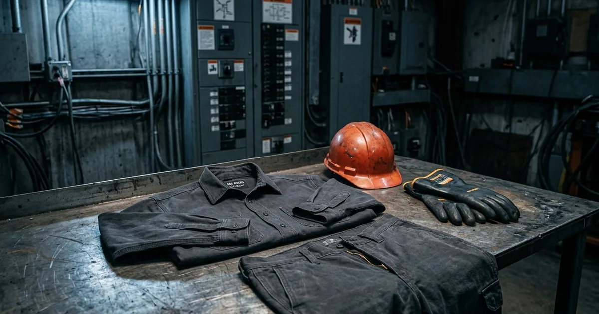 Arc-rated flame-resistant shirt and pants laid near an electrical panel and a hard hat
