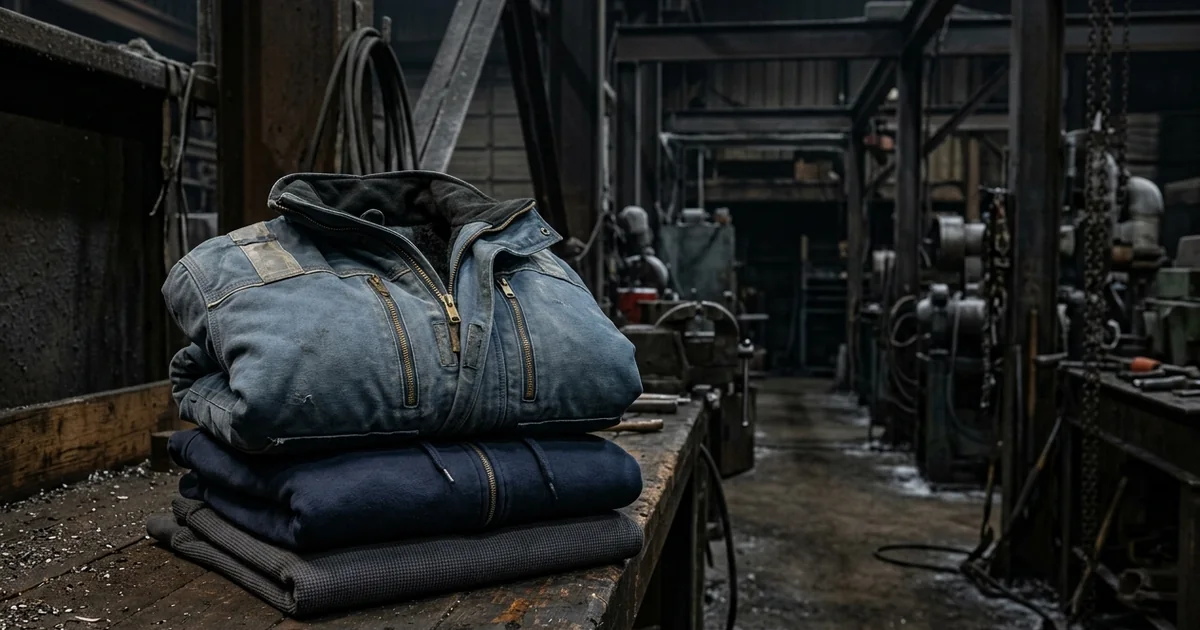 Layered flame-resistant cold-weather gear — base layer, hoodie and insulated jacket — on a workbench at a frosty worksite