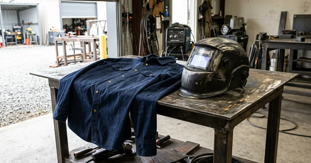 LAPCO flame-resistant work shirts and coveralls folded on a steel workbench in an industrial shop