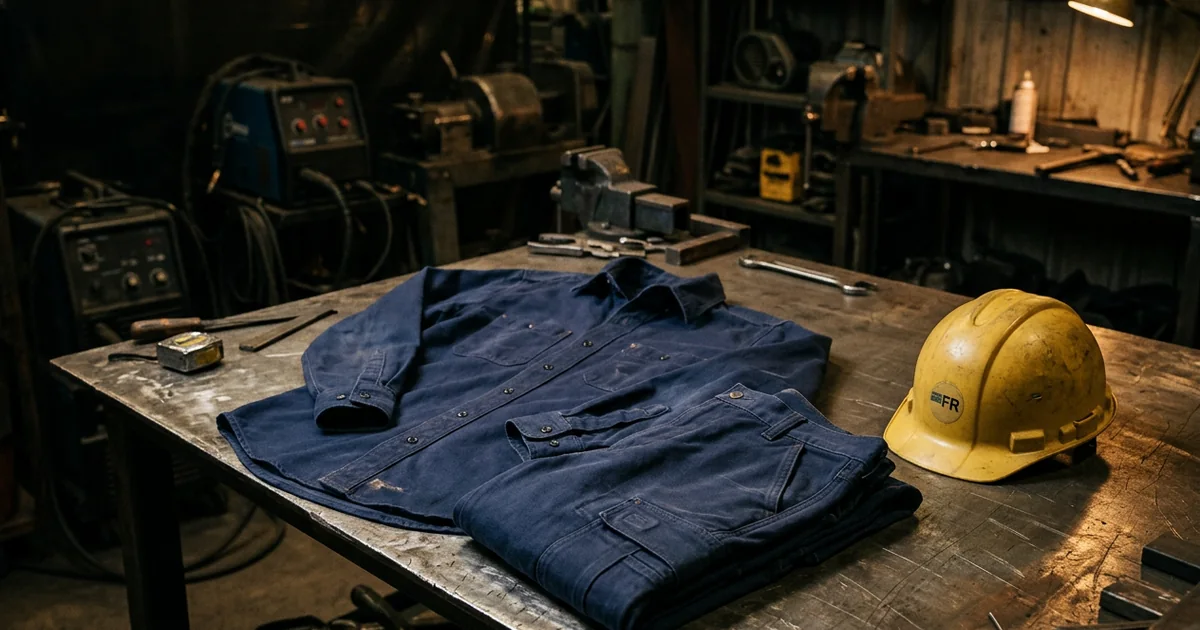 Women's flame-resistant workwear folded on a steel workbench in an industrial shop
