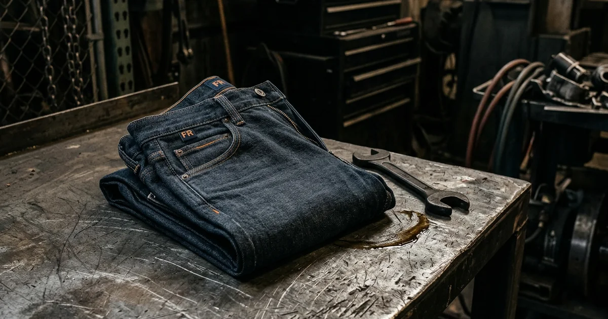 Women's flame-resistant denim jeans on a brushed-steel workbench