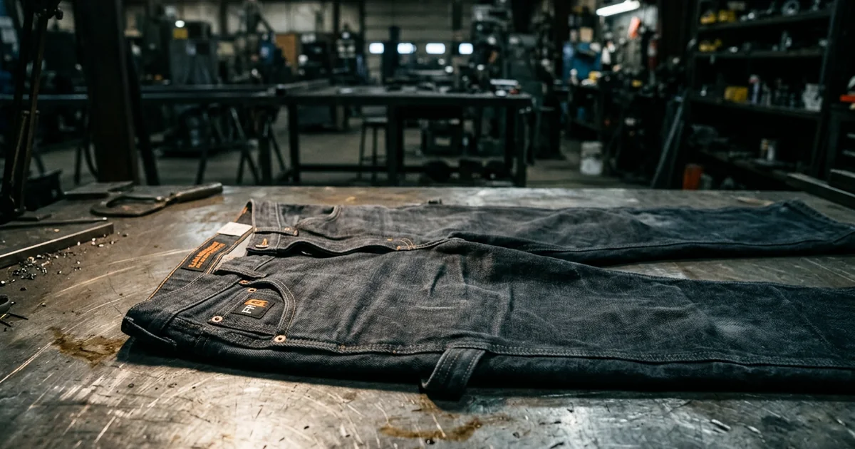 Wrangler RIGGS flame-resistant jeans laid flat on a steel workbench